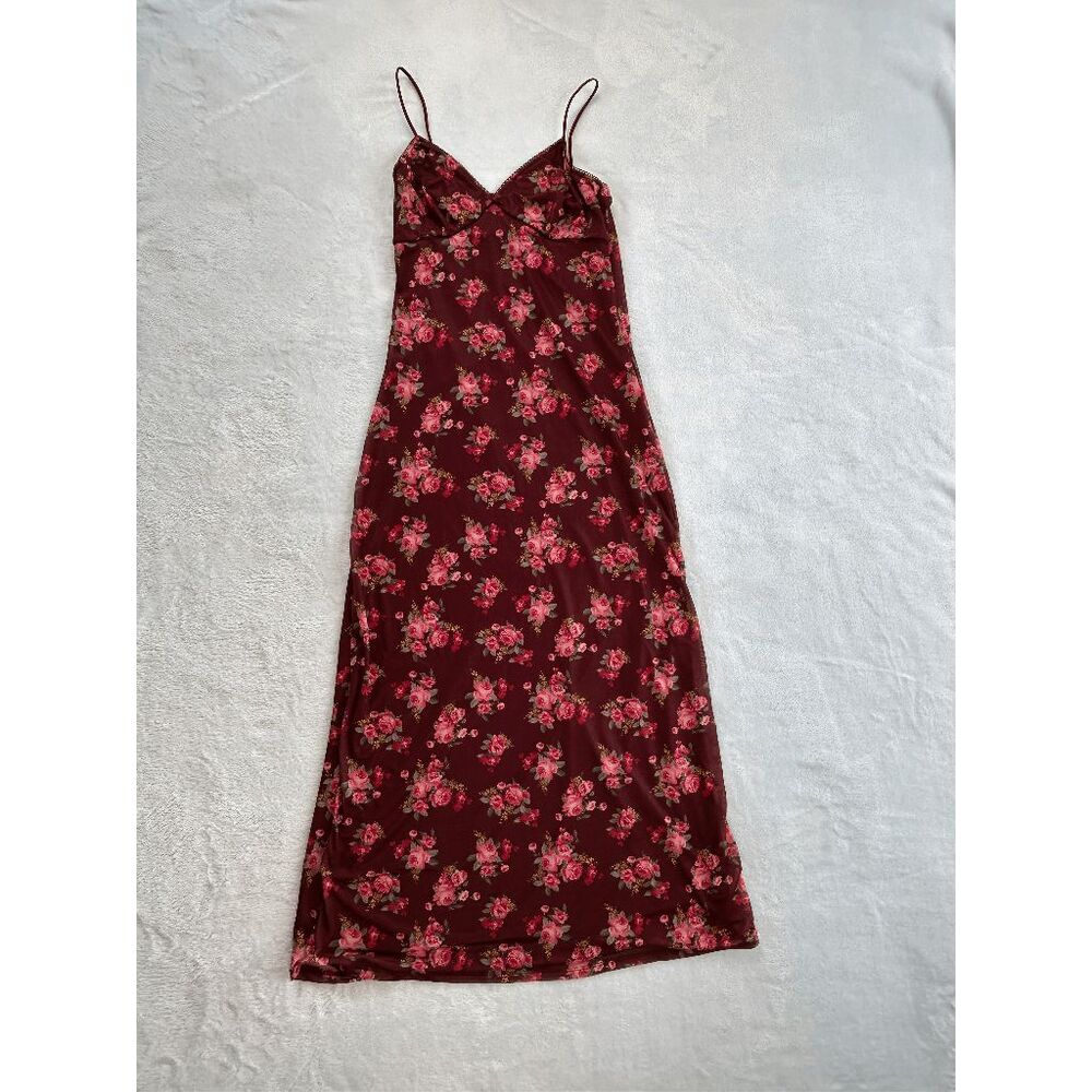 Y2K Babydoll Mesh Overlay Slip Dress, Long, Burgandy, Size M, Fairycore